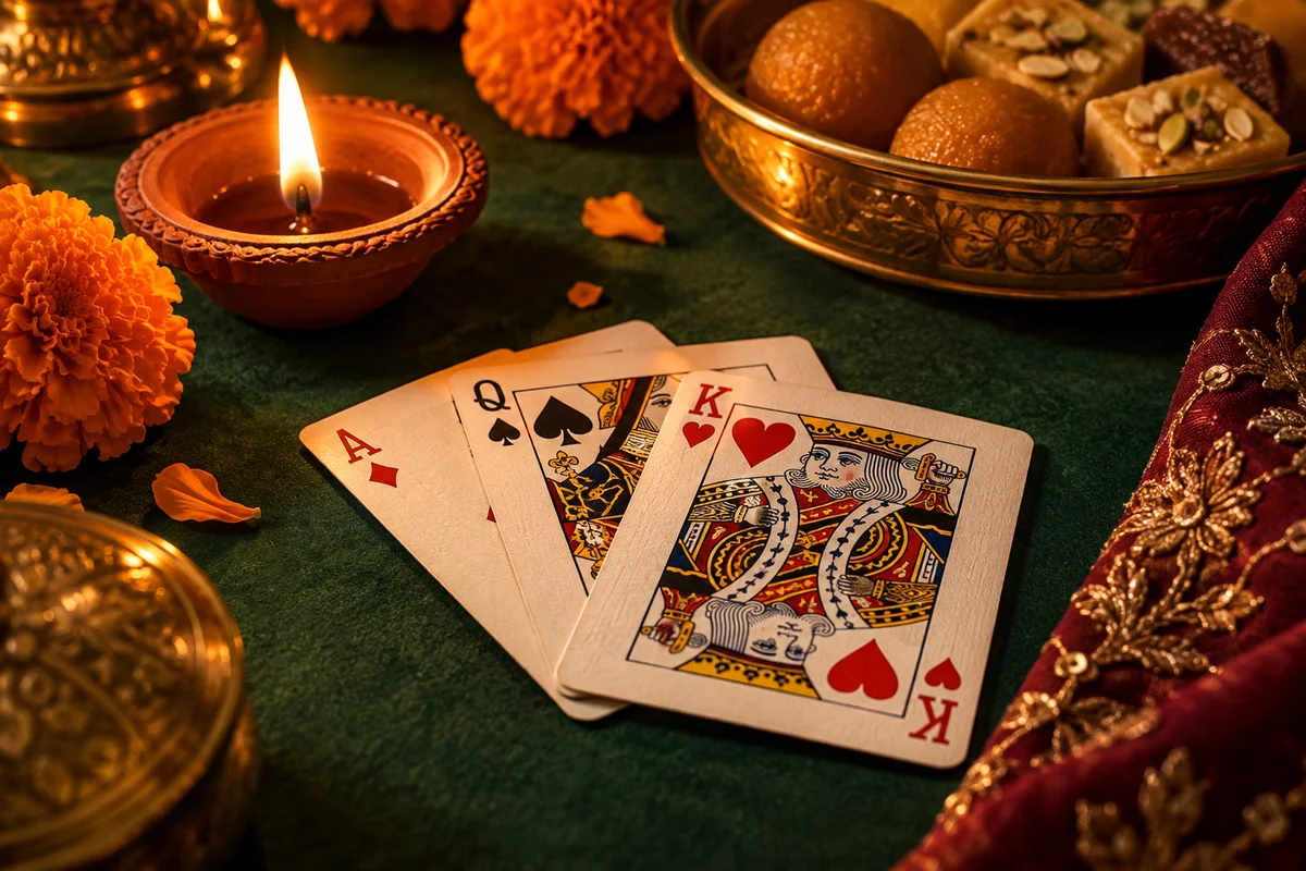 Playing cards, marigolds, sweets and a diya at a Diwali card-party table