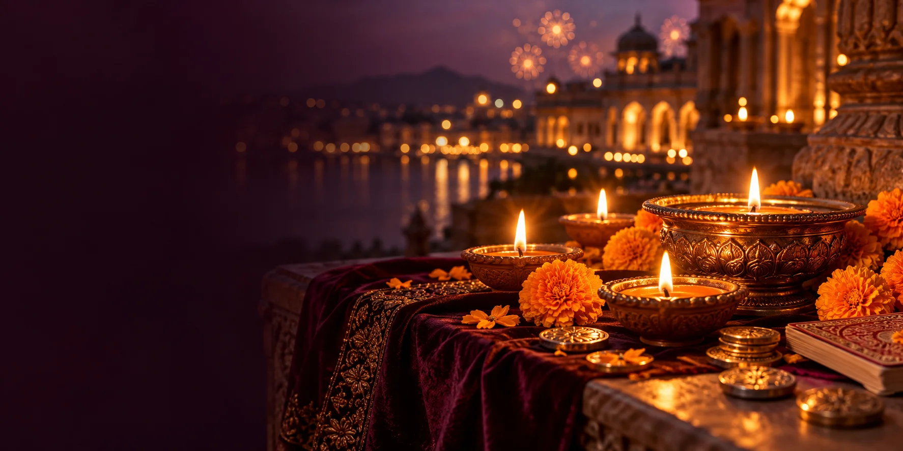 Glowing Diwali diyas and marigolds on a richly decorated terrace